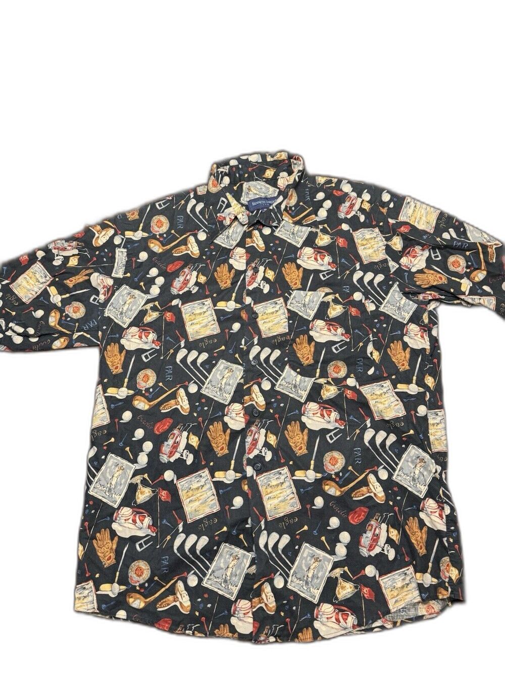 Vintage Golf Short Sleeve Button Up Shirt Black All Over Print AOP Size M